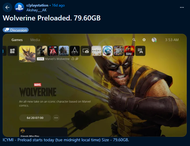 Marvel's Wolverine preload size of 79.80GB on PS5