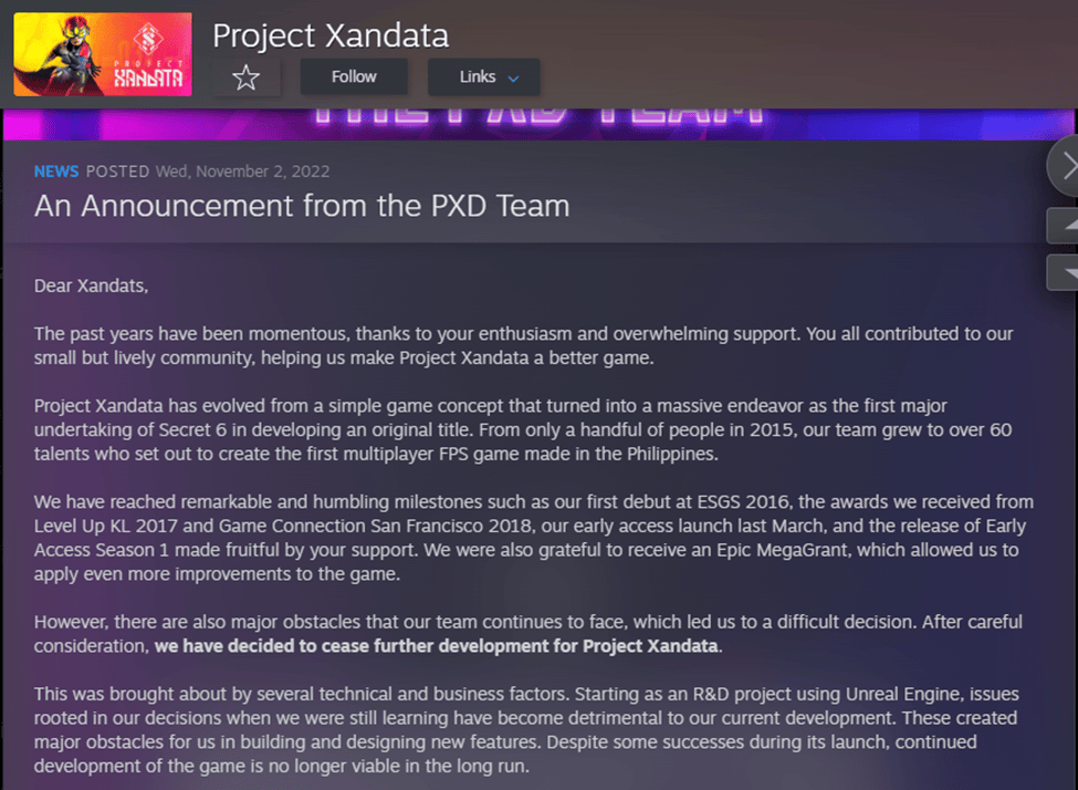 Project Xandata official announcement on Steam