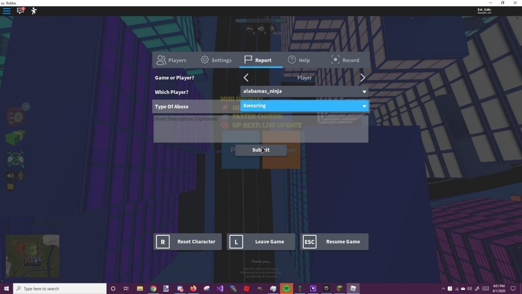 Roblox reporting system interface